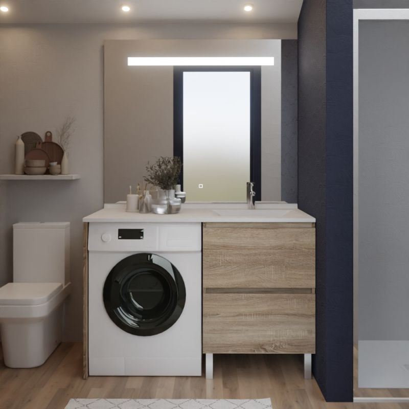 Meuble Pour Lave Linge Idea Oak Vasque Droite Miroir Led Elegance