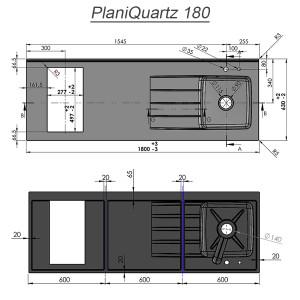 Plan de travail monobloc PlaniQuartz avec évier à gauche - 180cm NERO