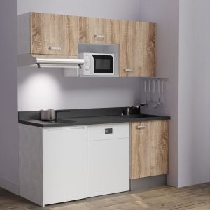 Kitchenette K55 - 180 cm avec emplacement micro-ondes, frigo et lave-vaisselle - meubles bois, plan monobloc noir évier à droite