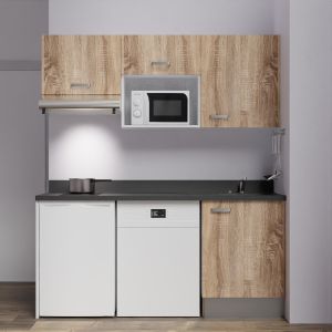 Kitchenette K55 - 180 cm avec emplacement micro-ondes, frigo et lave-vaisselle - meubles bois, plan monobloc noir évier à droite