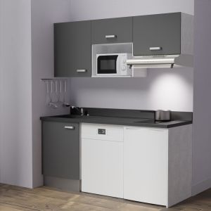 Kitchenette K55 - 180 cm avec emplacement micro-ondes, frigo et lave-vaisselle - meubles gris, plan monobloc noir évier à gauche