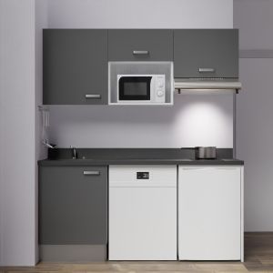 Kitchenette K55 - 180 cm avec emplacement micro-ondes, frigo et lave-vaisselle - meubles gris, plan monobloc noir évier à gauche