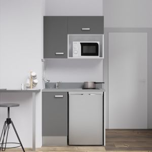 Kitchenette K00 - 100 cm - meubles gris, plan monobloc gris avec évier à gauche