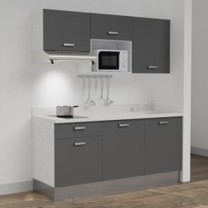 Kitchenette K30 - 180 cm meubles gris, plan monobloc blanc évier à droite