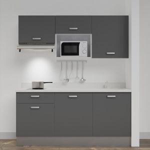 Kitchenette K30 - 180 cm meubles gris, plan monobloc blanc évier à droite