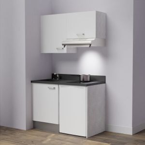 Kitchenette K01 - 120 cm avec emplacement frigo top et hotte - couleur blanc - plan monobloc noir évier à gauche