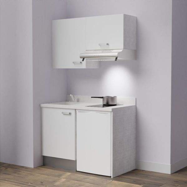 Kitchenette K01 - 120 cm avec emplacement frigo top et hotte - couleur blanc - plan monobloc blanc évier à gauche