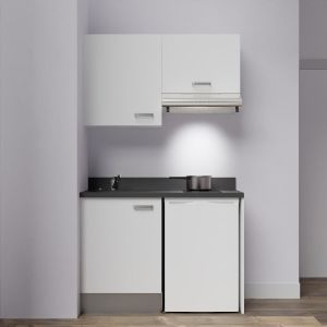 Kitchenette K01 - 120 cm avec emplacement frigo top et hotte - couleur blanc - plan monobloc noir évier à gauche