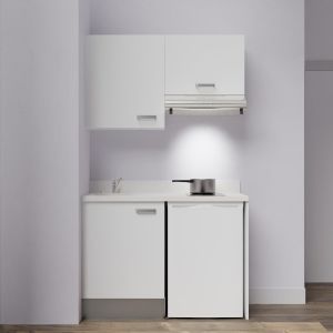 Kitchenette K01 - 120 cm avec emplacement frigo top et hotte - couleur blanc - plan monobloc blanc évier à gauche