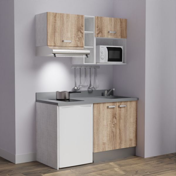 Kitchenette K13 - 140 cm avec emplacements frigo, hotte et micro-ondes - meubles bois, plan monobloc gris évier à droite