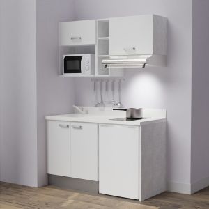 Kitchenette K13 - 140 cm avec emplacements frigo, hotte et micro-ondes - meubles blanc, plan monobloc blanc évier à gauche