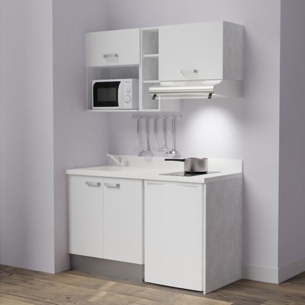 Kitchenette K13 - 140 cm avec emplacements frigo, hotte et micro-ondes - meubles blanc, plan monobloc blanc évier à gauche