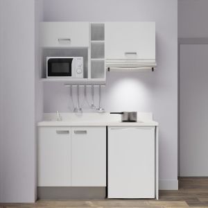 Kitchenette K13 - 140 cm avec emplacements frigo, hotte et micro-ondes - meubles blanc, plan monobloc blanc évier à gauche