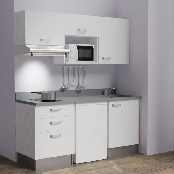 Kitchenette K20 - 180 cm avec emplacements frigo, micro-ondes et hotte - meubles blanc, plan monobloc gris évier à droite