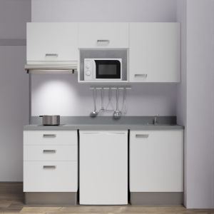 Kitchenette K20 - 180 cm avec emplacements frigo, micro-ondes et hotte - meubles blanc, plan monobloc gris évier à droite