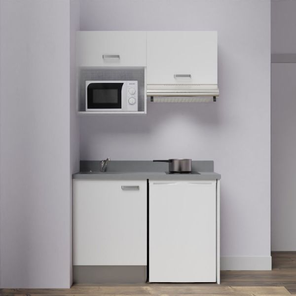 Kitchenette K02L - 120 cm avec plan monobloc, emplacement frigo, hotte et micro-ondes