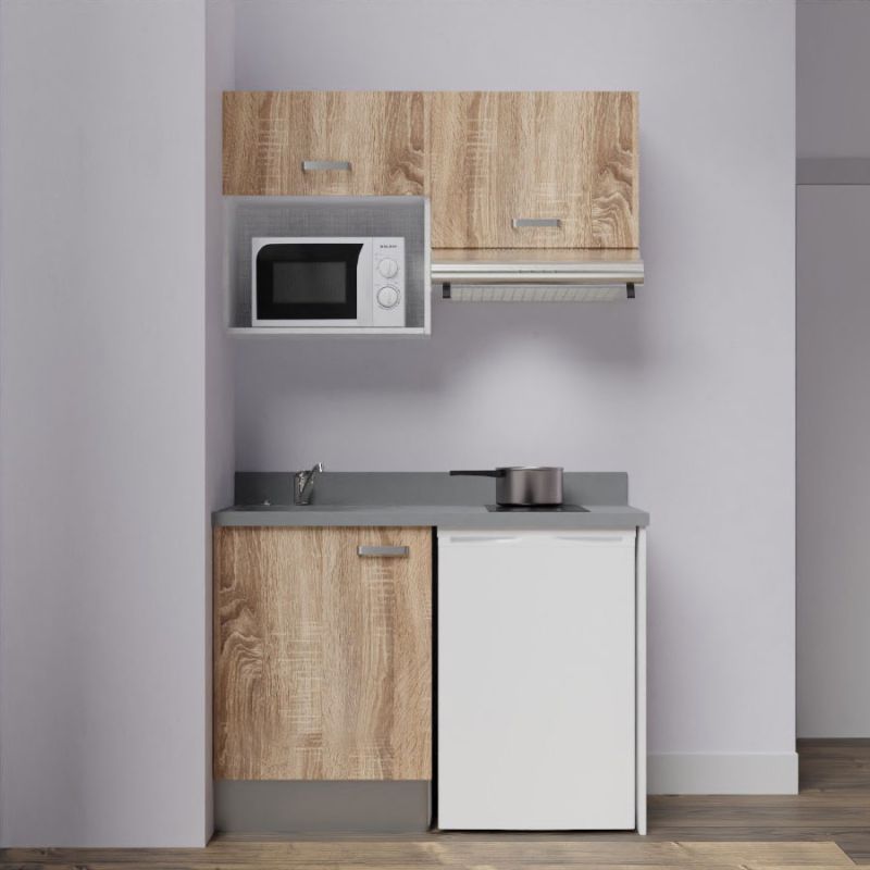 Kitchenette K01L 120cm emplacements frigo top et hotte blanc/cromo (gris)  évier à gauche - CUISIBANE - K01B-P120CR-G