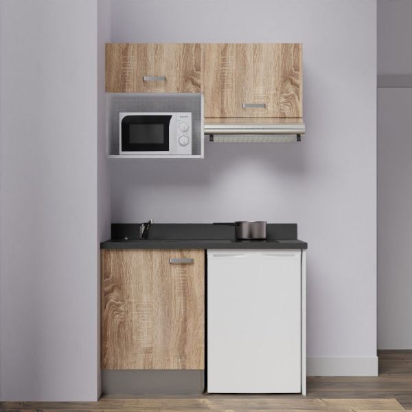 Kitchenette K02L - 120 cm avec plan monobloc, emplacement frigo, hotte et micro-ondes