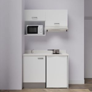 Kitchenette K02L - 120 cm avec plan monobloc, emplacement frigo, hotte et micro-ondes