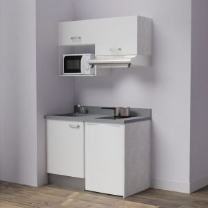 Kitchenette K02L - 120 cm avec plan monobloc, emplacement frigo, hotte et micro-ondes