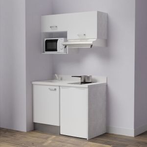 Kitchenette K02L - 120 cm avec plan monobloc, emplacement frigo, hotte et micro-ondes