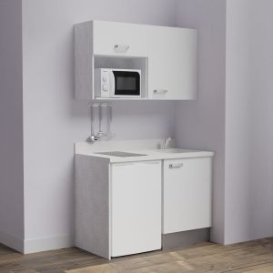 Kitchenette K07L - 120 cm - emplacements frigo top et micro-ondes - meubles coloris blanc, plan monobloc blanc avec évier à droi