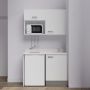 Kitchenette K07L - 120 cm - emplacements frigo top et micro-ondes - meubles coloris blanc, plan monobloc blanc avec évier à droi