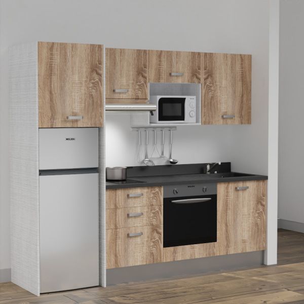 Kitchenette K37L - 240 cm - emplacements four, micro-ondes, hotte et frigo meubles chêne + monobloc noir évier à droite