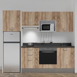 Kitchenette K37L - 240 cm - emplacements four, micro-ondes, hotte et frigo meubles chêne + monobloc noir évier à gauche