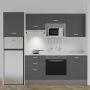 Kitchenette K37L - 240 cm - emplacements four, micro-ondes, hotte et frigo meubles gris + monobloc blanc évier à gauche