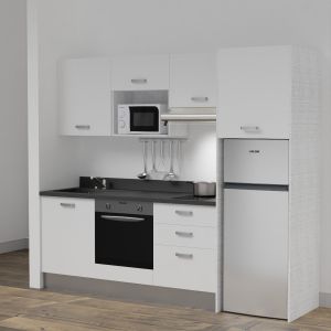 Kitchenette K37L - 240 cm - emplacements four, micro-ondes, hotte et frigo meubles blanc + monobloc noir évier à gauche