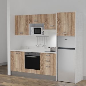 Kitchenette K37L - 240 cm - emplacements four, micro-ondes, hotte et frigo meubles chêne + monobloc blanc évier à gauche