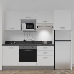 Kitchenette K37L - 240 cm - emplacements four, micro-ondes, hotte et frigo meubles blanc + monobloc noir évier à gauche