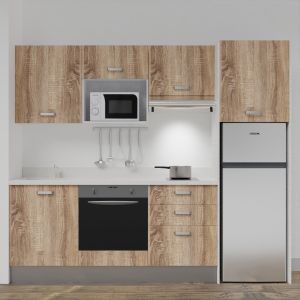 Kitchenette K37L - 240 cm - emplacements four, micro-ondes, hotte et frigo meubles chêne + monobloc gris blanc à gauche