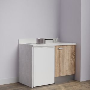 Kitchenette K08L - 120 cm emplacement frigo top - meuble bas couleur bois - bloc évier en quartz blanc