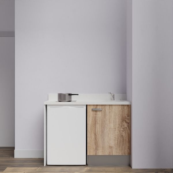 Kitchenette K08L - 120 cm emplacement frigo top - meuble bas couleur bois - bloc évier en quartz blanc