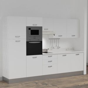 Kitchenette K46L - 300 cm - emplacements four, micro-ondes, hotte - meubles blanc, planiquartz blanc - évier à droite