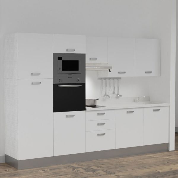 Kitchenette K46L - 300 cm - emplacements four, micro-ondes, hotte - meubles blanc, planiquartz blanc - évier à droite