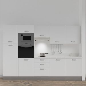 Kitchenette K46L - 300 cm - emplacements four, micro-ondes, hotte - meubles blanc, planiquartz blanc - évier à droite