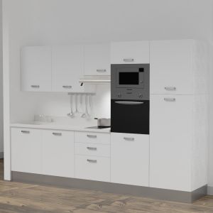 Kitchenette K46L - 300 cm - emplacements four, micro-ondes, hotte - meubles blanc, planiquartz blanc - évier à gauche