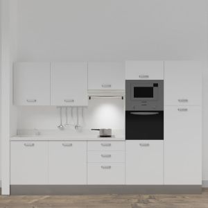 Kitchenette K46L - 300 cm - emplacements four, micro-ondes, hotte - meubles blanc, planiquartz blanc - évier à gauche