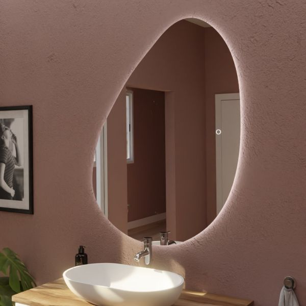 Miroir de salle de bain forme galet, éclairage LED, antibuée