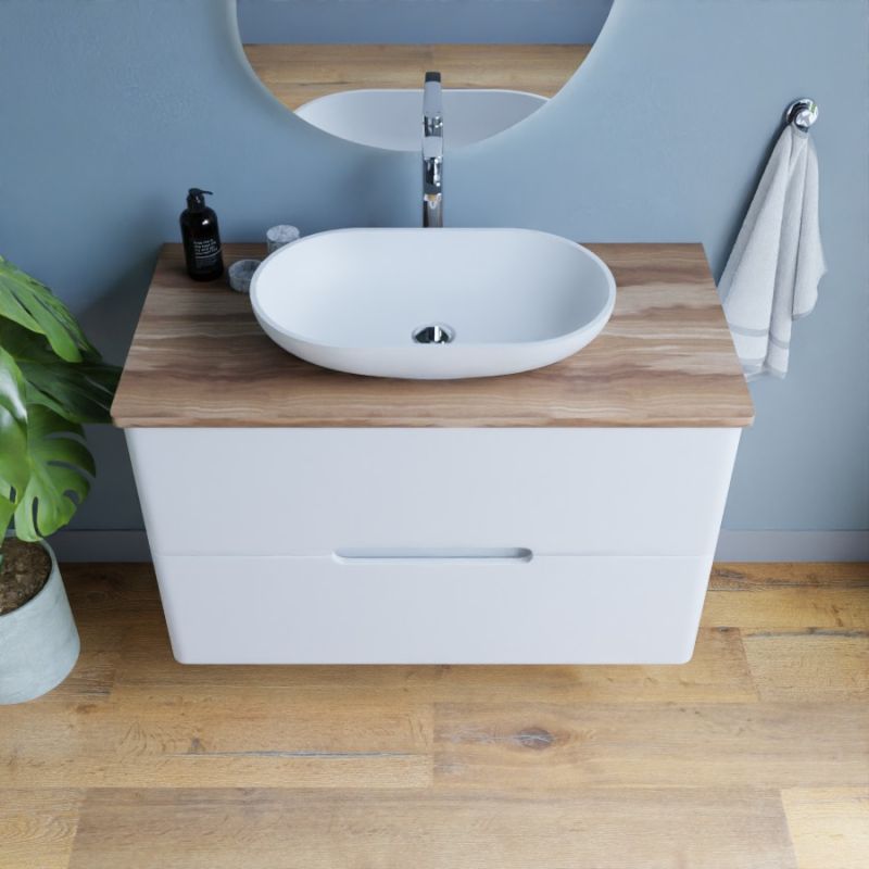 Meuble salle de bain avec vasque à poser KLASS Blanc et Bois - 100