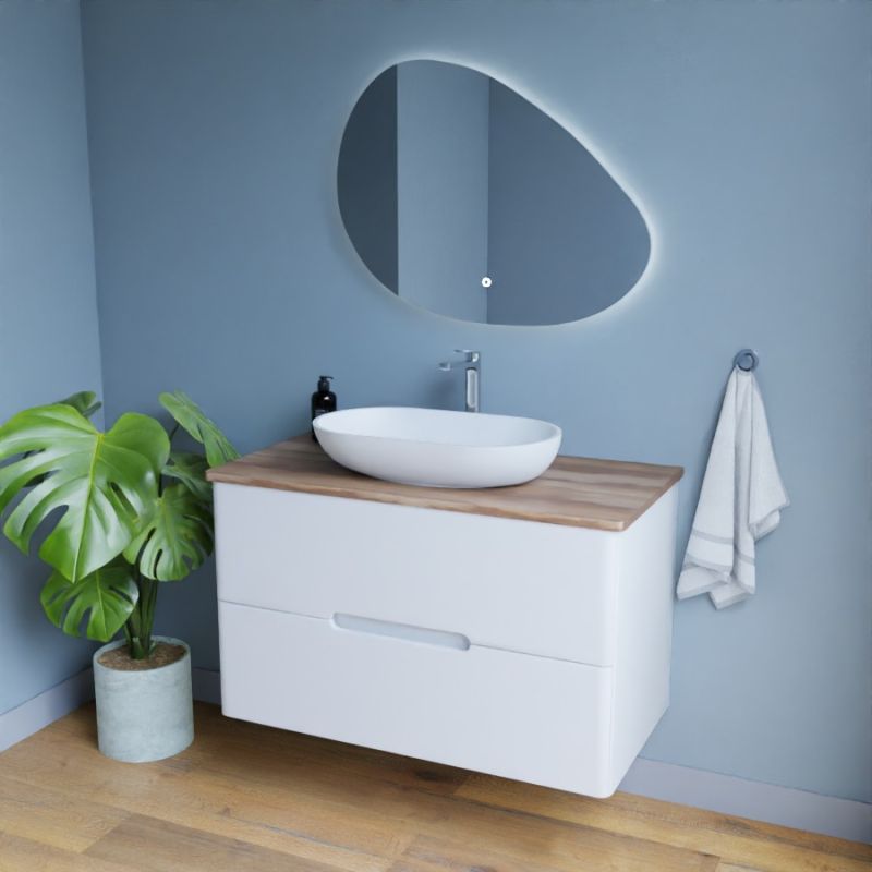 Meuble salle de bain avec vasque à poser blanc et bois KLASS + Miroir LED -  100 x 50 cm