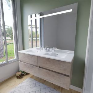 Meuble salle de bain suspendu tout inox 140 cm ROSINOX avec plan vasque et miroir Elegance ht105 - Chêne