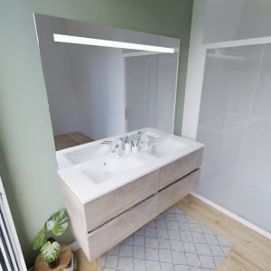 Meuble salle de bain suspendu tout inox 140 cm ROSINOX avec plan vasque et miroir Elegance ht105 - Chêne