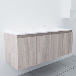 Meuble salle de bain double vasque suspendu 140 cm avec porte pivotante et plan vasque PROLINE - Cambrian Oak Chêne