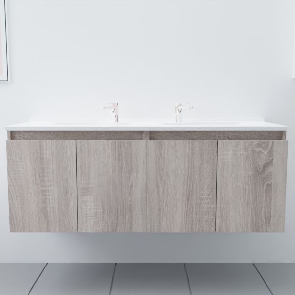 Meuble salle de bain double vasque suspendu 140 cm avec porte pivotante et plan vasque PROLINE - Cambrian Oak Chêne