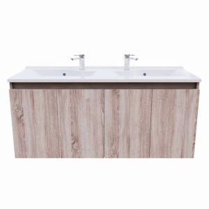 Meuble salle de bain double vasque suspendu 140 cm avec porte pivotante et plan vasque PROLINE - Cambrian Oak Chêne