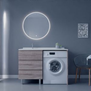 Meuble lave-linge KORA 124 cm coloris bois avec plan vasque déportée à gauche + Miroir rond